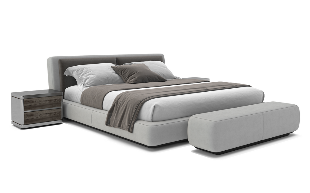 Modern light gray upholstery material on the Endymion Bed with matching foot bench and nightstand