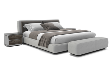 Modern light gray upholstery material on the Endymion Bed with matching foot bench and nightstand