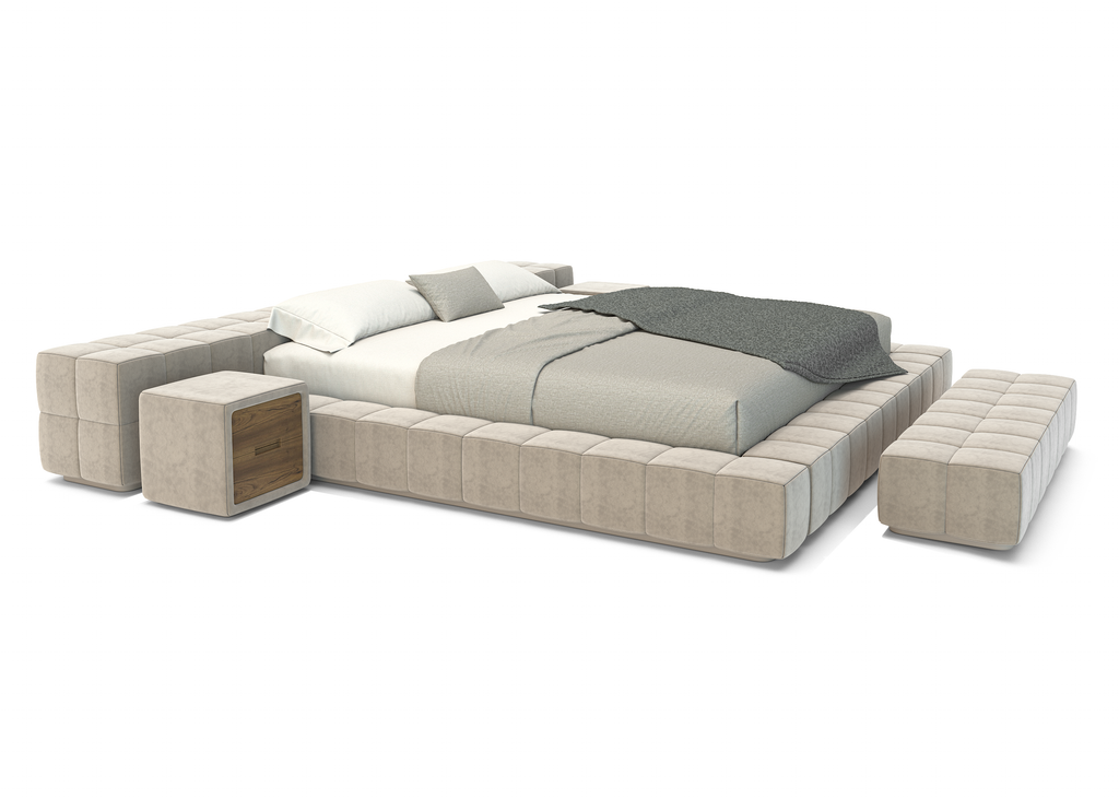 Modern Thalion Bed with upholstered frame, integrated side tables, and detached bench