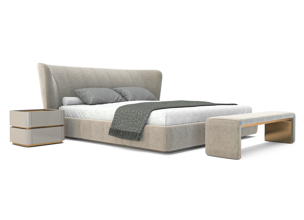 Beige upholstered Lunaris Bed with curved headboard, pillows, throw blanket, and matching furniture