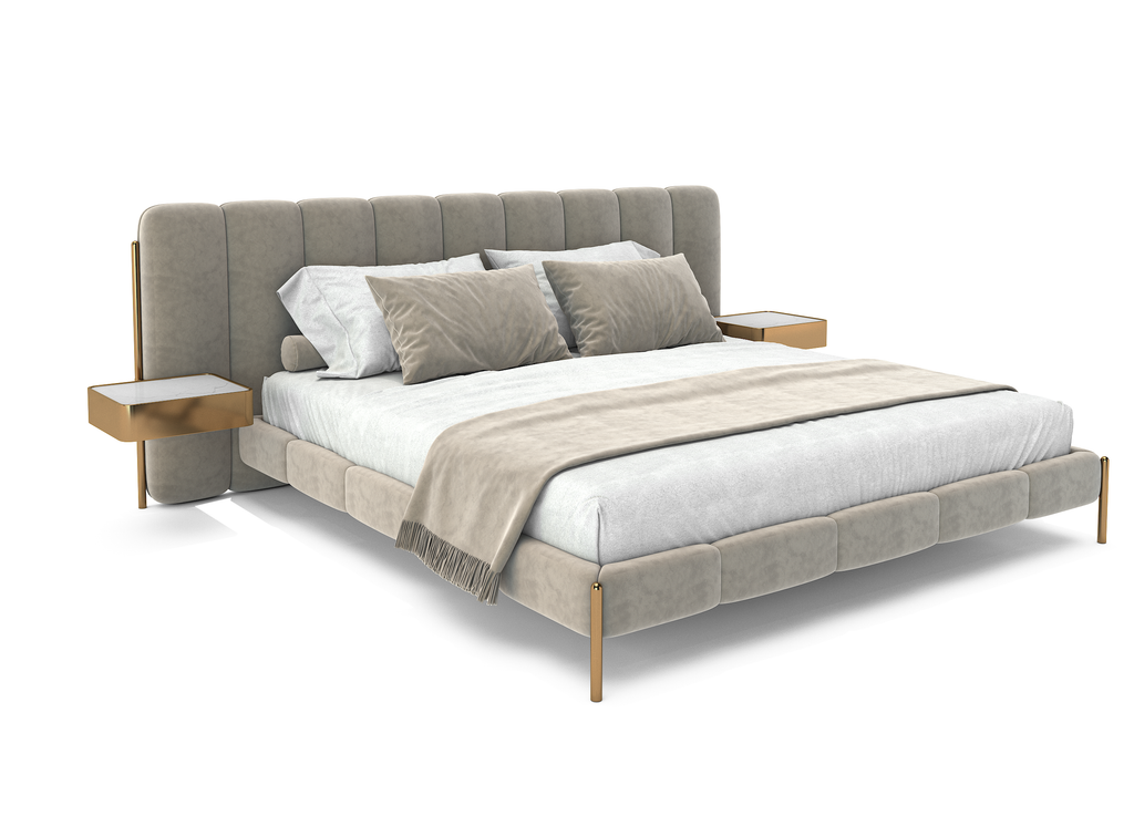 Auralis Bed with light gray upholstery, tall channeled headboard, and floating light wood nightstands