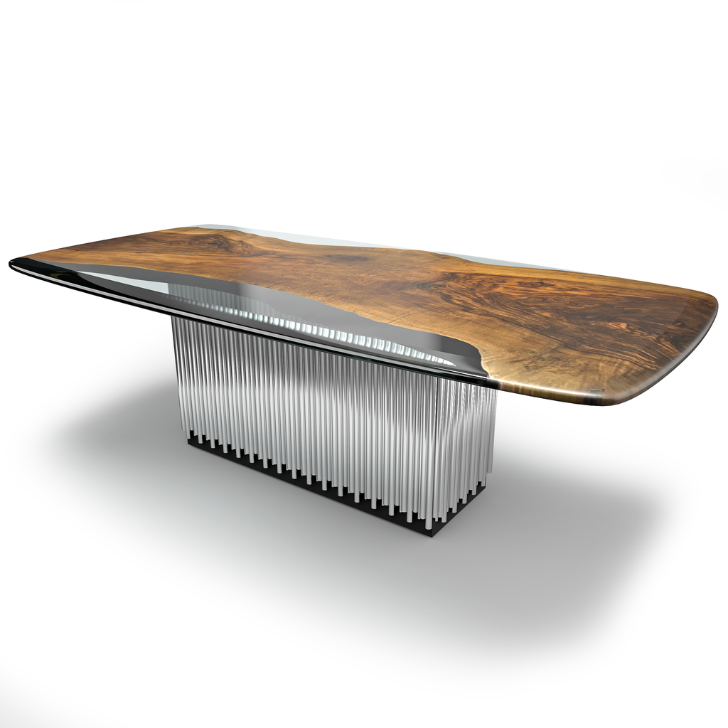 camenta walnut wood dining table, modern dining table, contemporary dining table, walnut wood dining table, resin dining table, ghost white dining table, luxury dining table