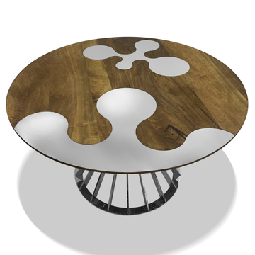 hermione round dining table, walnut wood table, stainless steel table, dining room furniture, modern table, contemporary table, walnut wood, stainless steel, polished finish, chrome