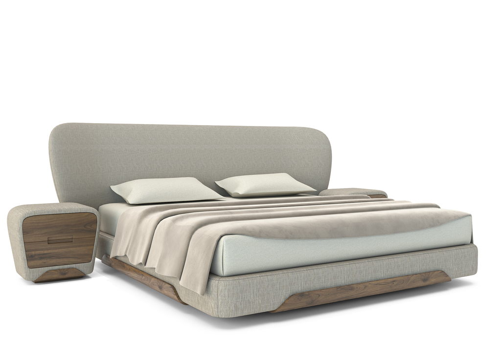 Modern Calindra Bed with curved upholstered headboard and matching wooden nightstand
