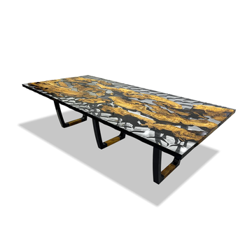 staphyle olive wood wavy dining table, olive wood dining table, resin dining table, timberwolf resin, black powder coated steel base, contemporary dining table, luxury dining table