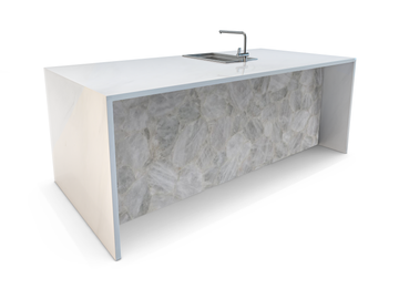 stone waterfall kitchen island, alaska white marble, polished edges, marble kitchen island, onyx kitchen island, resin kitchen island, semi-precious stone kitchen island, contemporary kitchen island, luxury kitchen island